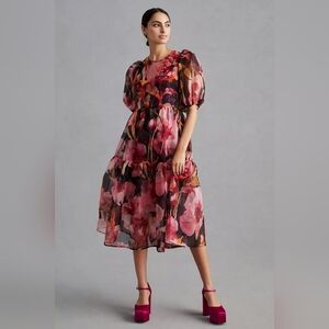 By Anthropologie Puff-Sleeve Organza Midi Dress Floral Silk NO SLIP Sheer XS